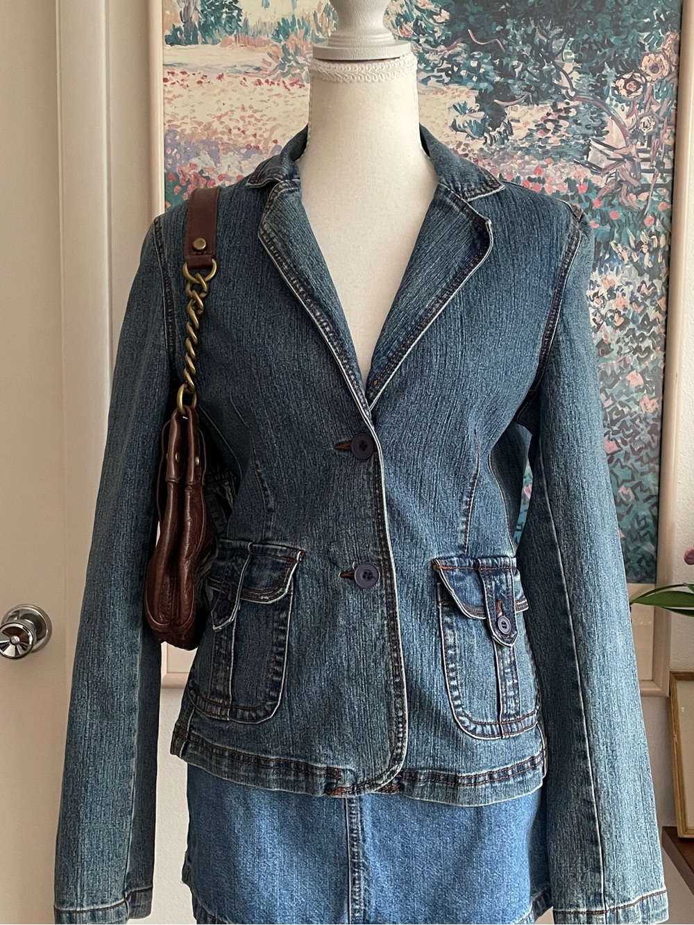 Vintage Y2K Denim Blazer Jacket Womens Medium Blue Button Front Downtown Girl